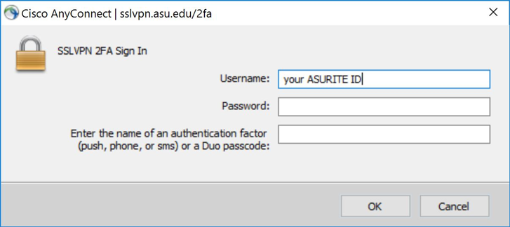 Cisco AnyConnect VPN login modal with ID, password, and authentication fields