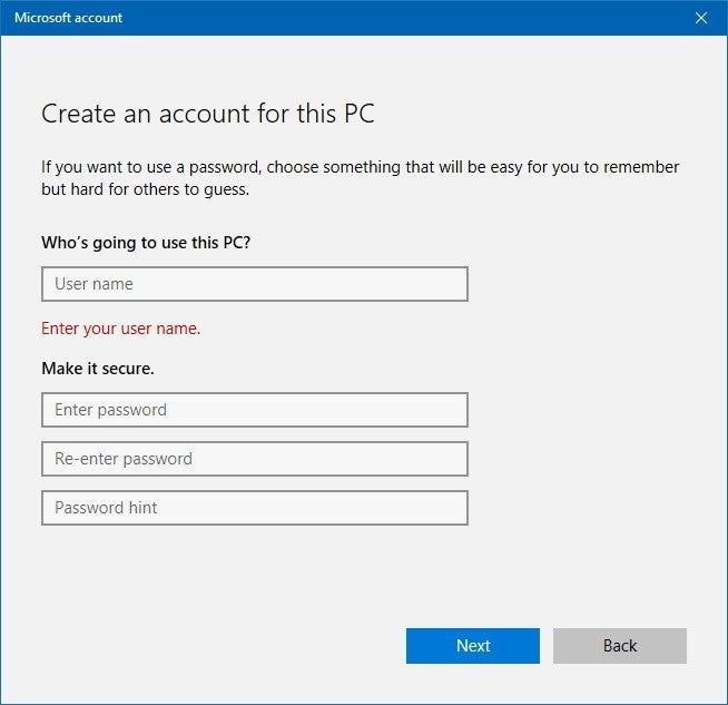 Create an account for this PC modal